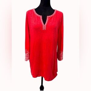 Talbots Embroidered Red/orange Boho Peasant Tunic Top Size Medium